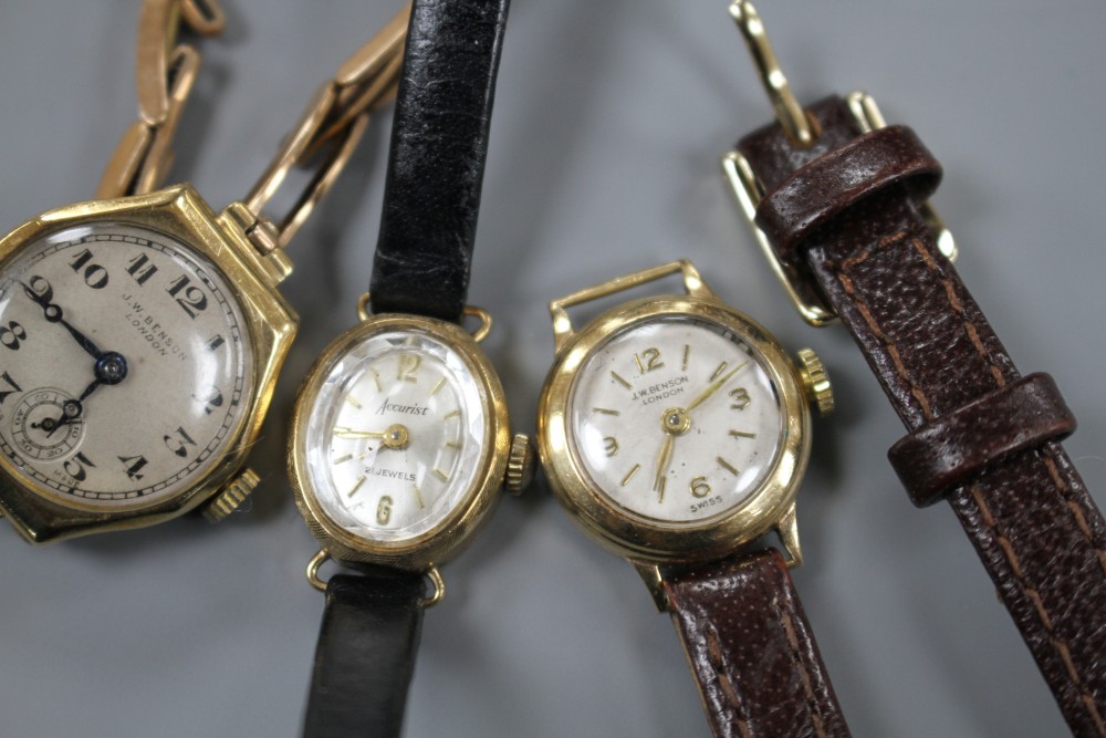 Three ladys 9ct gold manual wind wrist watches, J.W. Benson(2) and Accurist,
